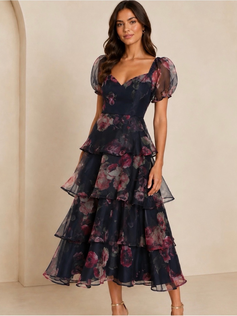 Lulus Oh-So Stunning Navy Blue Pink Floral Organza Tiered Midi Dress XXL